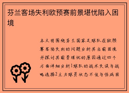 芬兰客场失利欧预赛前景堪忧陷入困境