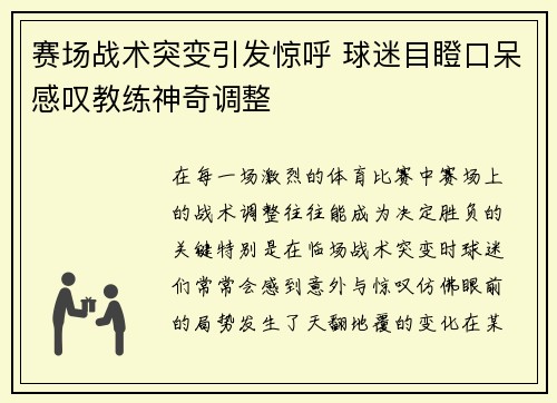 赛场战术突变引发惊呼 球迷目瞪口呆感叹教练神奇调整